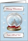 Snow Globe Deer, Tree & Snowflakes, From All of Us, Custom Text card