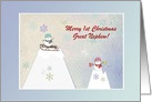 Snow People, Sled, & Hot Chocolate, Custom Text, Great Nephew, 1st card