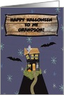 Haunted House with Bats, Ghosts, Black Cat, & Skeleton, Custom Text card