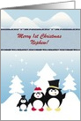 Penguin Family in Hats, Custom Text, Merry 1st Christmas, Nephew card