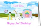 3rd Birthday Niece, Asian Girl Princess with Unicorn, Carriage, Castle card