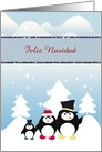 Penguin Family with Hats, Custom Text, Feliz Navidad card