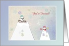 Snowpeople on Mountain, Sled & Hot Chocolate, Invitation, Custom Text card