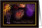 Colorful Fireworks and Glasses with Bubbles, New Year card