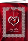 Be my Valentine!, Red & Silver Heart Jewel Look, Red Bow, Custom Text card