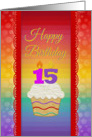 Cupcake with Number Candles, 15 Years Old Birthday card