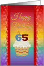 Cupcake with Number Candles, 65 Years Old Birthday card