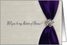 Invitation, Matron of Honour, Deep Purple Satin Ribbon with Jewel card