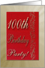 Invitation, 100th Birthday Party, Red and Gold Design card