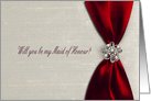Maid of Honour Invitation, Scarlet Red Satin Ribbon with Jewel card