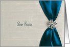 Invitation, Bridesmaid, To Cousin, Pearl Blue Satin Ribbon with Jewel card