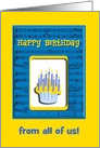 Happy Birthday from all of us, Birthday Cupcake on Musical Note card