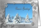 Winter Scene and Snowflakes, Season’s Greetings card