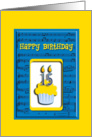 15th Birthday Cupcake on Musical Notes, Happy Birthday card