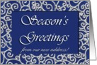 Season’s Greetings from our new address, Blue and Silver Design card