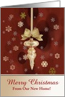 Merry Christmas From Our New Home, Gold Ornament with Snowflakes card