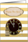 Gold Striped Background Bottle & Glasses Happy New Year 2025 card