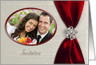 Photo Card Wedding Invitation, Scarlet Red Satin Ribbon with Jewel card