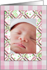 Photo Card, Pink Flowers and Checked Frame, Birth Announcement card