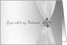 Bridesmaid, White Ribbon with Jewel on Silver card