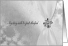 Maid of Honor, White Ribbon with Jewel on Silver Design card