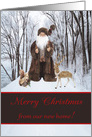Santa Claus Dressed in Brown with Deer and Squirrel, Merry Christmas card