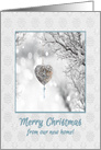 Graceful Heart Ornament on Frozen Tree Branch, Merry Christmas card