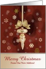 New Address, Elegant Gold Ornament with Snowflake on Red, Custom Text card