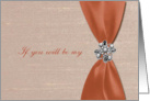 Bridesmaid Request, Coral Satin Ribbon with Jewel card