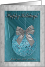 New Address, Aqua Ornament with Silver Bow, Happy Holidays card