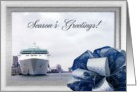 Cruise Ship with Blue Christmas Bow, Season’s Greetings card