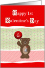1st Valentine’s Day for Girl, Cute Bear with Balloon and Candy Kiss card