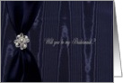Bridesmaid Request, Blue Satin Ribbon Look with Faux Jewel on Moire card