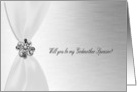 Godmother Sponsor, White Satin Ribbon Look with Faux Jewel on Silver card