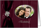 Wedding Invitation Photo Card, Red Ribbon Look with Jewel on Moire card
