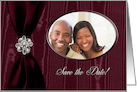 Save the Date Photo Card, Red Ribbon Look with Jewel on Moire card