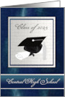 Cap and Diploma, Graduation Announcement, Silver & Blue, Custom Text card