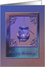 Flowered Ornament in Elegant Frame, Happy Holidays, Blue card