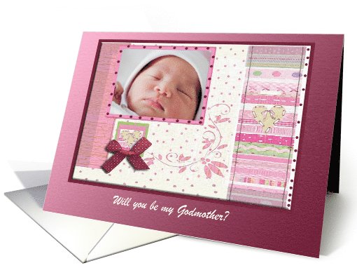 Bow and Hearts in Pink Photo Card, Will you be my Godmother? card