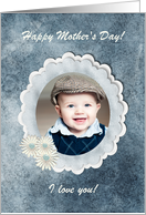 Mother’s Day Photo Card, Oval Frame with Daisies, Blue card