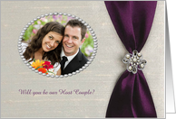 Host Couple, Plum Purple Satin Ribbon with Jewel, Photo Card