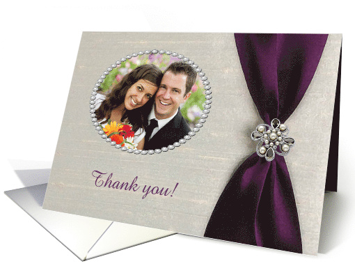 Thank you Host Couple, Plum Purple Satin Ribbon with Jewel, Photo card