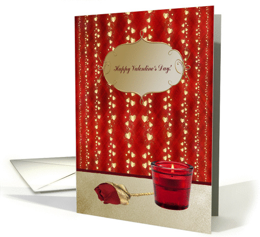 Happy Valentine's Day, Red Rose & Candle with Gold Hearts card