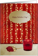 Happy Valentine’s Day, Red Rose & Candle with Gold Hearts card