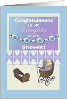 Daughter’s Baby Shower Congratulations, Stroller & Cradle with Bear card