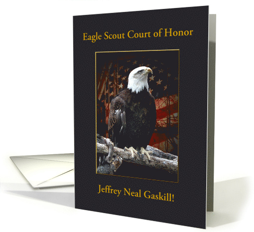 Eagle Scout Court of Honor, Custom Text, Eagle on Log with Flag card