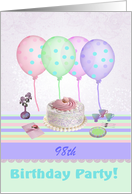 98 Birthday Party Invitation, Cake, Balloons, & Flowers, Custom Text card