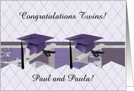 Graduation Congratulations, Twins, Cap & Diploma, Purple, Custom Text card