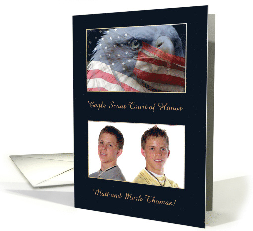 Eagle Close up with American Flag, Eagle Scout Award, Photo card