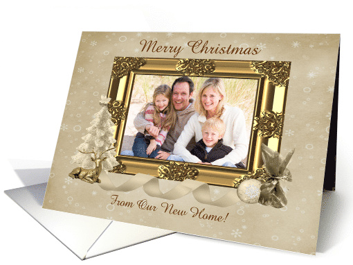 Golden Christmas Greetings Photo Card, From Our New Home card